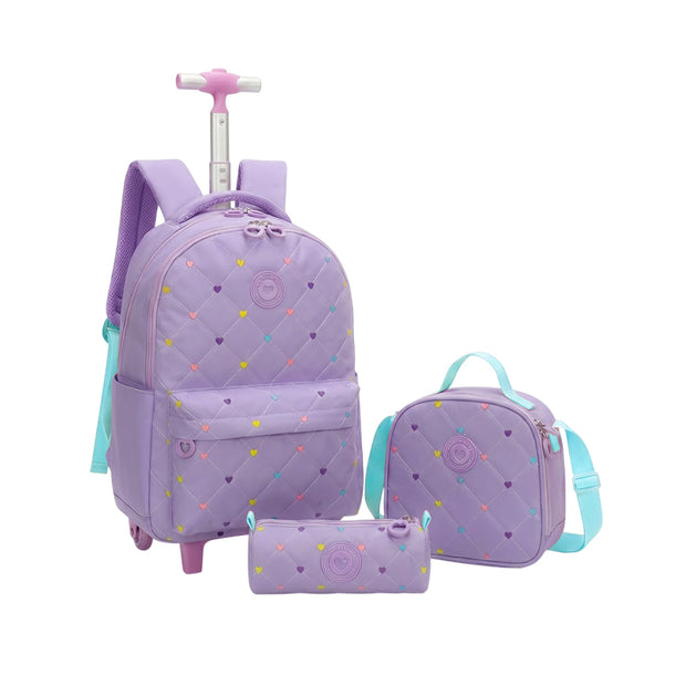 Set Cartable Trolley Fille 3 Pièces – Sac à Dos à Roulettes + Sac Lunch + Trousse – Motif Cœurs