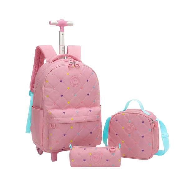 Set Cartable Trolley Fille 3 Pièces – Sac à Dos à Roulettes + Sac Lunch + Trousse – Motif Cœurs