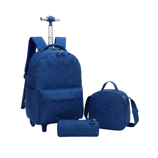 Set Cartable Trolley Fille 3 Pièces – Sac à Dos à Roulettes + Sac Lunch + Trousse – Motif Cœurs