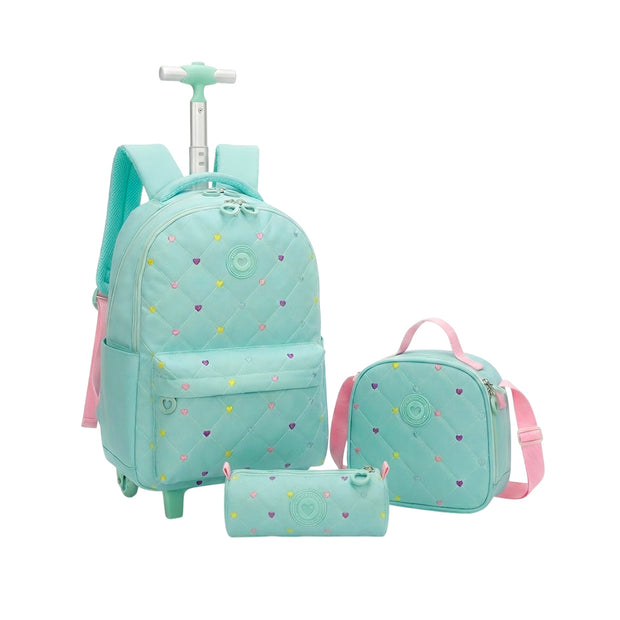 Set Cartable Trolley Fille 3 Pièces – Sac à Dos à Roulettes + Sac Lunch + Trousse – Motif Cœurs