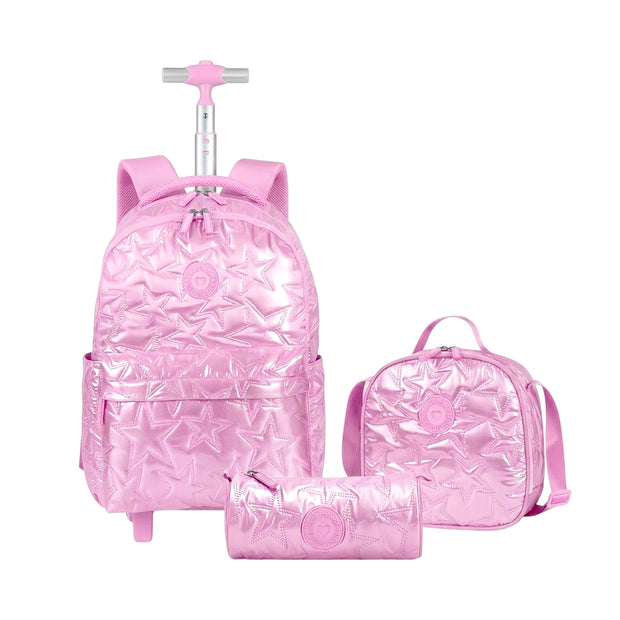 Cartable Scolaire Fille à Roulettes Brillant Étoiles – Set 3 Pièces