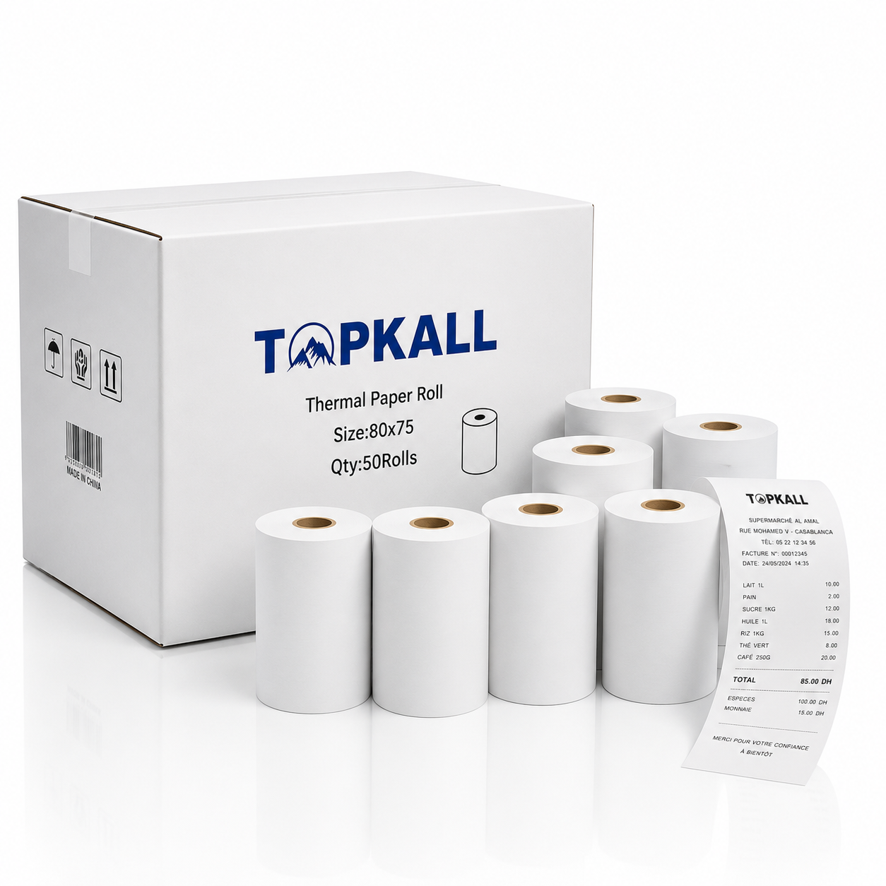 Rouleaux Thermiques TOPKALL 80x75 — Carton de 50 Rouleaux