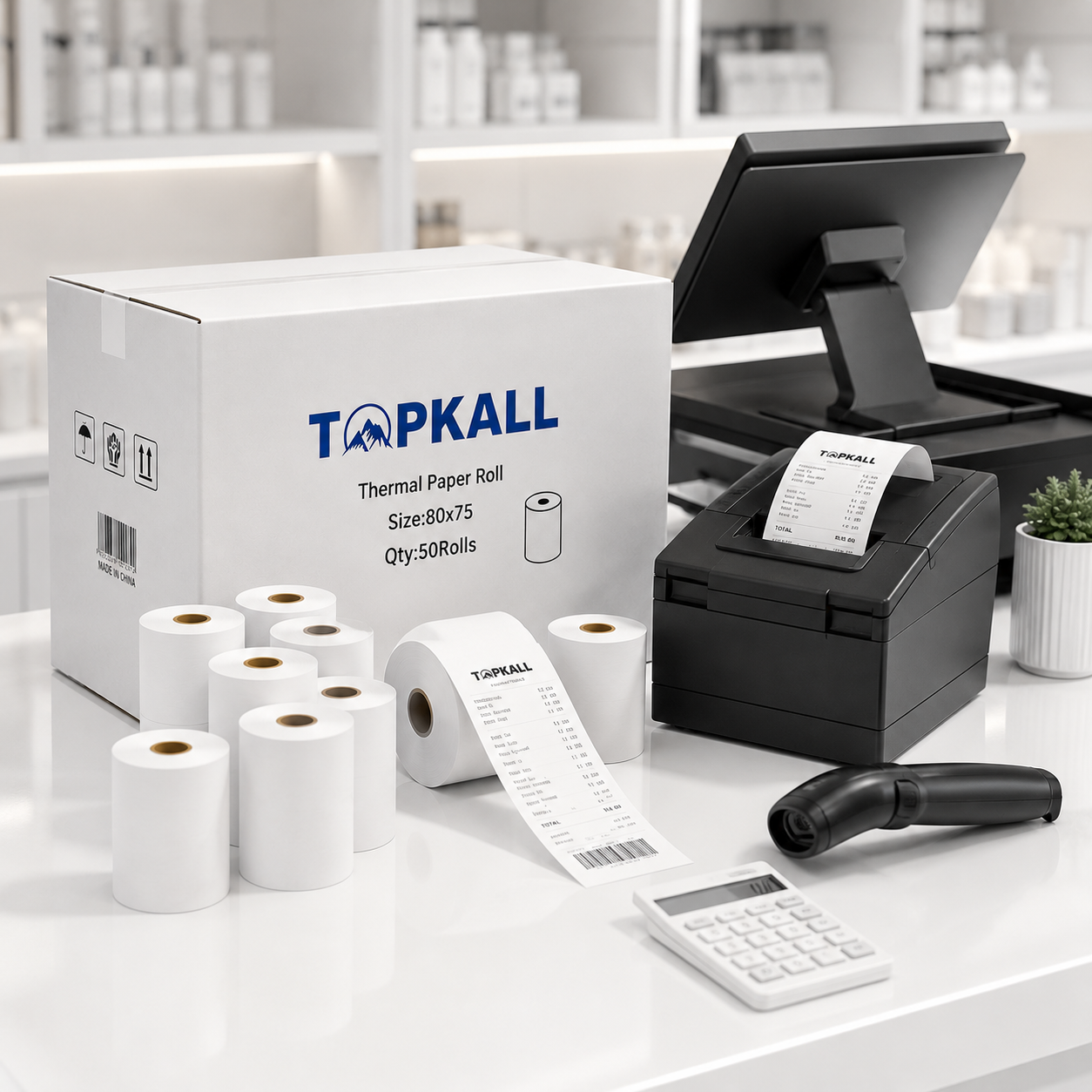 Rouleaux Thermiques TOPKALL 80x75 — Carton de 50 Rouleaux